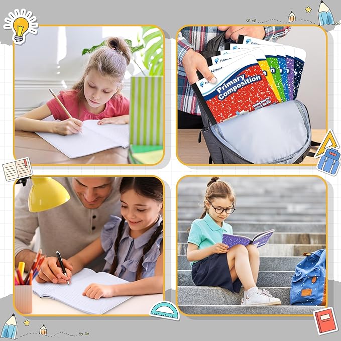 Fulmoon 100 Pack Primary Composition Notebook,Grade K-2 Journal Wide 3 Line Ruled,80 Pages,Marble Cover,7-1/2" x 9-3/4" Primary Writing Notebook for Kindergarten Preschool,1st 2nd Grad (Mix Color)