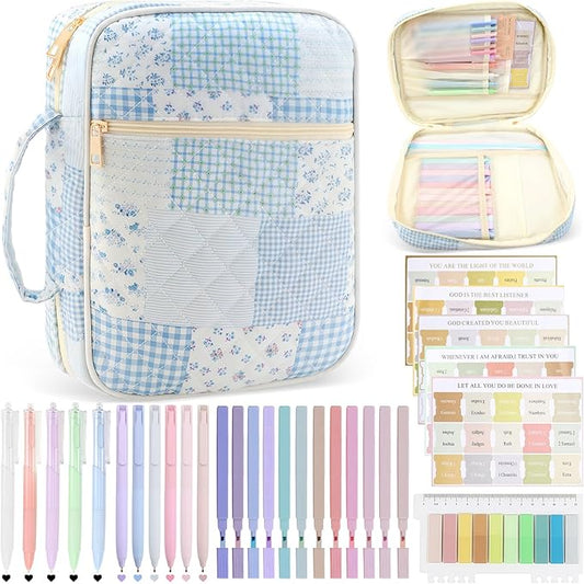 Bible Cover Case Study Supplies for Women Gifts Large Bible Cover with Highlighters Pens Tabs Cute Quilted Carrying Case Journal Kit Accessories Christian Gifts Sticky Notes D