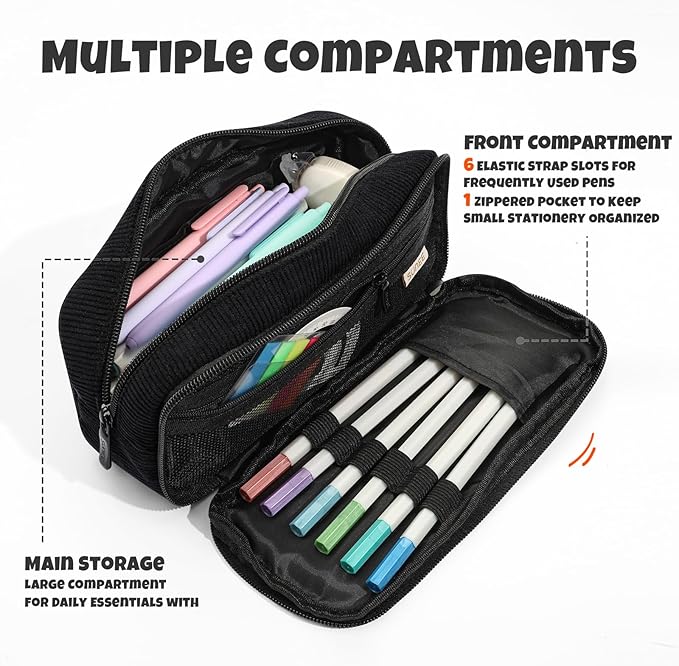 SUNEE Pencil Case, Large Capacity Pencil Pouch, Aesthetic Big Pen Bag, Soft Corduroy Pen Box for Office Stationery Organizer School Supplies Multifunctional for Teen Boys Girls Women Men, Jet Black