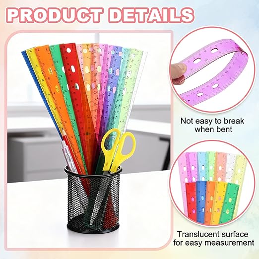 HARFINGTON 20pcs Plastic Rulers 12" (30cm) Clear Straight Ruler Measuring Tool Inches and Centimeters with Hole for Home Office Classrooms Drafting, Clear Purple