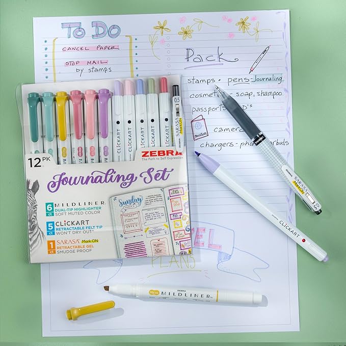 Zebra Pen - Premium 12-Pack Journaling Set - No Bleed MILDLINER Highlighters, CLiCKART Pens & SARASA Gel Pen - Assorted Colors for Note-Taking, Bible Study, Journaling and Creative Planning (14012)