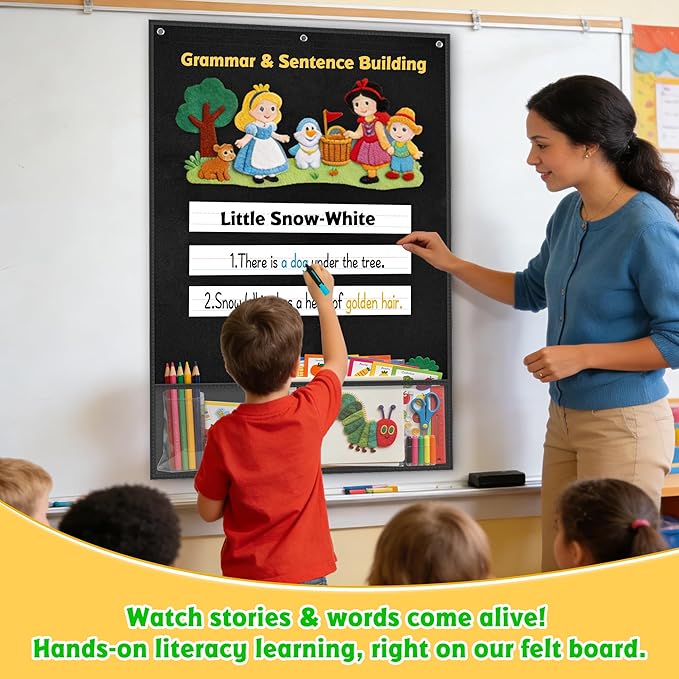 AKAYOK 24"x36" Felt Board for Classroom & Home - Flannel Story Board with Magnets, Transparent Pocket & 30 Self Adhesive Dots | Interactive Learning, Visual Schedule, Storytelling for Teachers & Kid