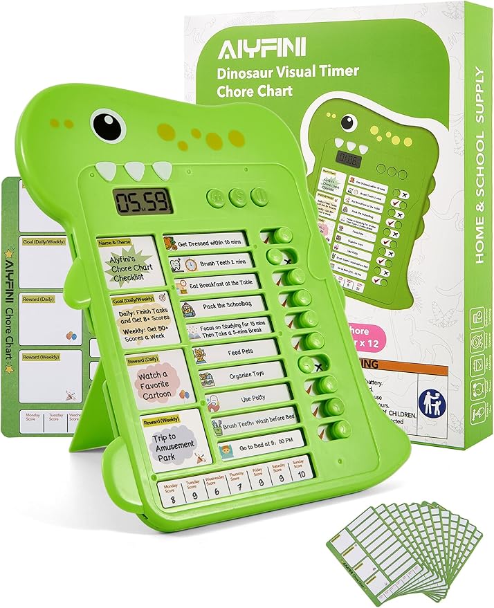 Dinosaur Visual Timer Chore Chart for Kids, Daily/Bedtime/Morning Routine for Toddlers with Autism, ADHD Homeschool to Do List Planner Tools, First Then Schedule Checklist Board with Reward System