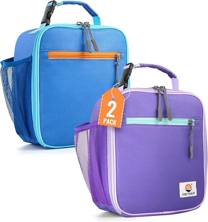 CaCTOUR Lunch Box Kids,2 Packs Insulated Lunch Bag for Girls Boys,Soft Bag Mini Cooler Back to School Thermal Reusable Lunch Bag for Work School Picnic (Blue & Purple)