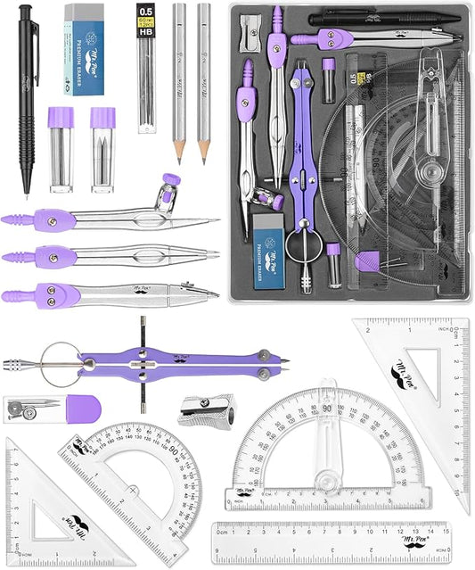 Mr. Pen- Geometry Set, 15 pcs, Purple, 6 Inch Swing Arm Protractor, Divider, Set Squares, Ruler, Compasses and Protractor