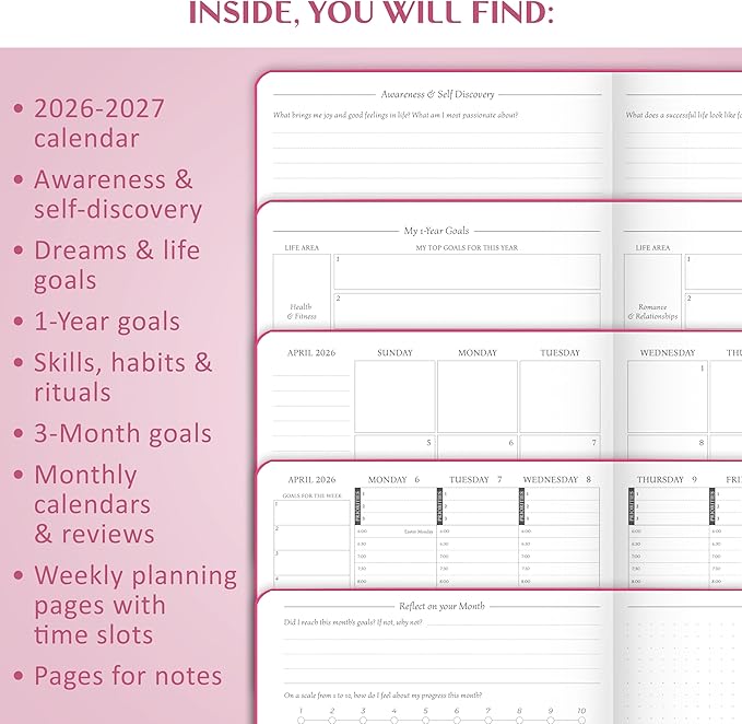 Legend Dated Hourly Weekly Planner 2026 – Daily, Monthly & Yearly Agenda with Time Slots – Hardcover Organizer Journal, 5.8x8.3” (Hot Pink)