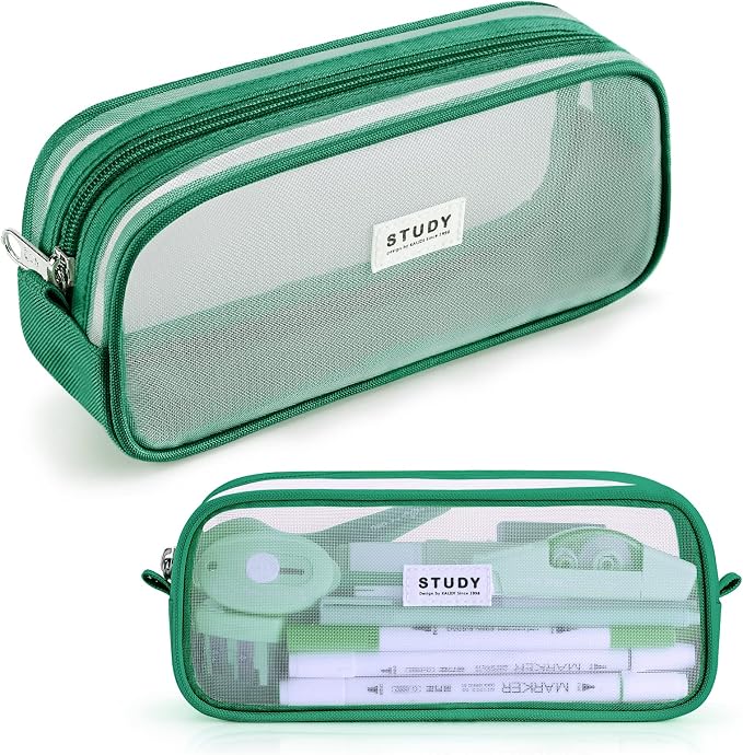 Grid Mesh Pencil Case Pouch Large Capacity Pencil Bag with Zipper | Big Pencil Pouch Dark Green Simple Stationery Bag Aesthetic Pen Bag for School Teen Girl Boy Multi-Purpose Bag for Office Men