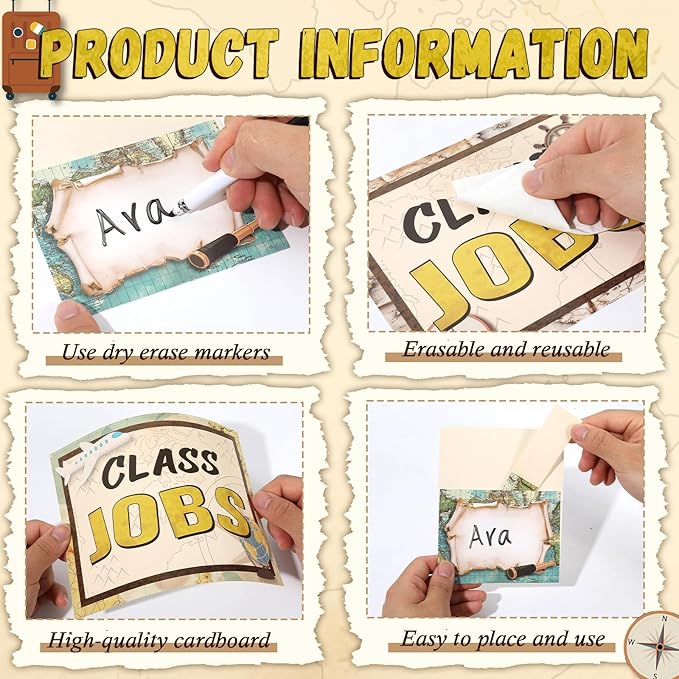 112 Pcs Travel Theme Bulletin Board Decor Adventure Class Jobs Chart for Classroom Bulk with 48 Pockets & 60 Cards Teacher's Helper Posters Writable Labels for Class Management & School Supplies
