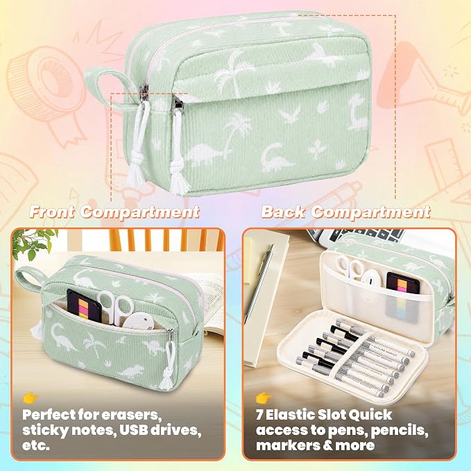 Big Capacity Pencil case,Soft Corduroy Pencil Bag with 3 Compartment,Pencil Pouch School Supplies Cute Pencil Box Pencil Bag for Teen Girls Boys College (Dinosaur)