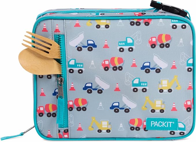PackIt Freezable Classic Lunch Box, Construction Trucks | Built-in ice packs, EcoFreeze+ Technology, Zip Closure, Zip front pocket, Side-release buckle handle, Collapsible, Reusable