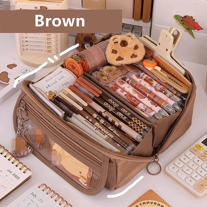 Pencil Case Pouch Box Cute Kawaii Large Capacity Aesthetic Zipper Pen Holder Organizer Bag for Kids (Z-Brown)