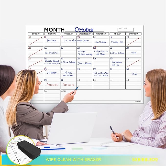 Large 24"x36" White Board Calendar Dry Erase for Wall Big Dry Erase Wall Calendar Monthly Large Wall Calendar Dry Erase Board Planner Includes 6 Markers Eraser Push Pins & Mounting Tape