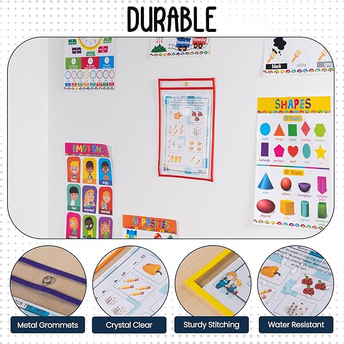 Essex Wares - 6 Pack, Assorted, Dry Erase Pocket Document Protectors, 10" Wide x 13.5" Tall- Dry Erase Clear Plastic Sleeves - Reusable & Easy Erase Plastic Invoice Holders, Water-Resistant & Durable