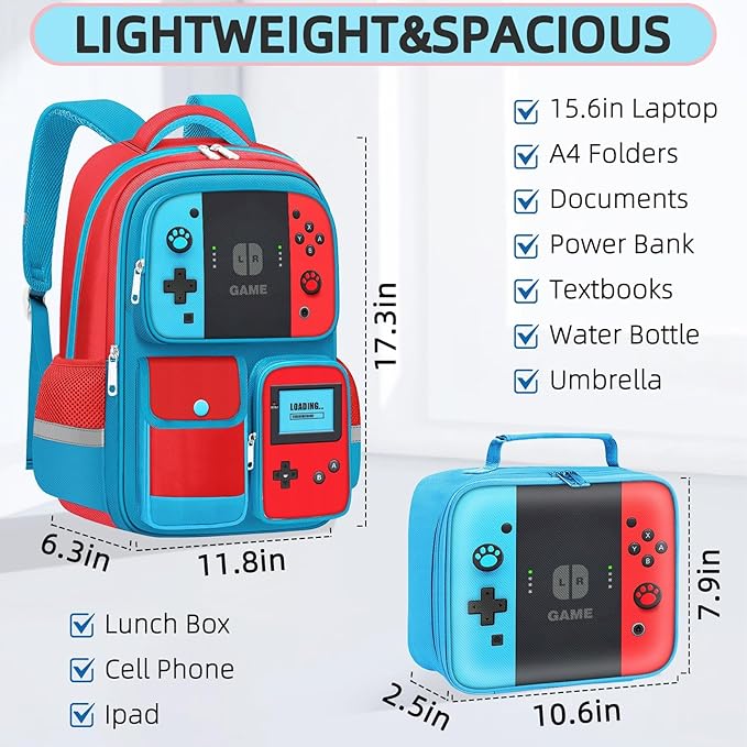 TILYTADLY Kids Backpack for Boys - 3pcs Gamer Boys Backpack with Lunch Box Set for Elementary Middle School - Students Bag for Ages 6-18,17″ Video Game Bookbag Travel Back Pack