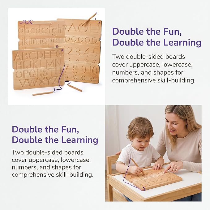 Number & Letter Tracing Board, Portable Wooden Alphabet Learning Sensory Pad Board Montessori Toys for Kids Age 3-5, Double Sided Writing Tools for Beginner Preschool Classroom 3+ Years Old