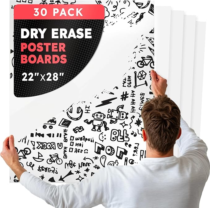 Hygloss Large Dry Erase Poster Board Paper 22x28 Inch (30 Count) Single-Sided Wall White Board Dry Erase Sheets - 14 Pt. Thick Paper for Home, School, Classroom, Office, Kids Art, Menus Signs, Lists