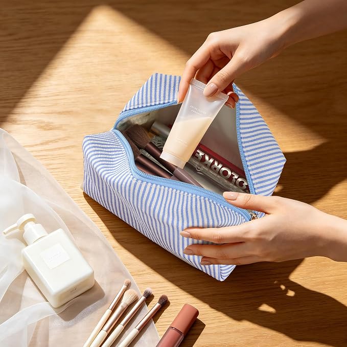 Makeup Bag Set for Women, 6PCS Travel Cosmetic Bags Pencil Case, Striped Seersucker Toiletry Organizer Pouches, Cute Makeup Pouch for Purse, Accessories and Gifts, Colorful