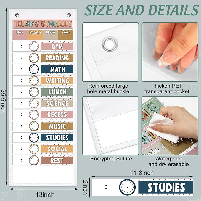 JarThenaAMCS Modern Boho Daily Schedule Pocket Chart 13 x 35.5 In Back to School 13 + 1 Pocket Visual Schedule Chart Board with 24 Card for Home Classroom Office Supplies