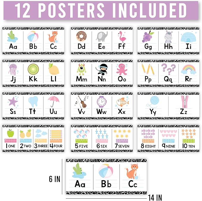 Hadley Designs Alphabet for Classroom Wall Decor - ABC Posters for Classroom Wall Chart Preschool & Kindergarten, ABC Letters & Number Line Elementary, Alphabet Cards, Pastel Classroom Decor