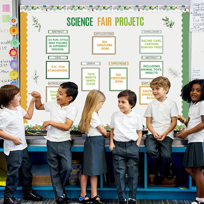 Sinload 92 Pcs Science Fair Board Supplies 60 Trim Scalloped Poster Boards 18 Presentation Subtitles 6 Project Titles 8 Letter Sticker for Classroom Display Boards (Green,Plant)