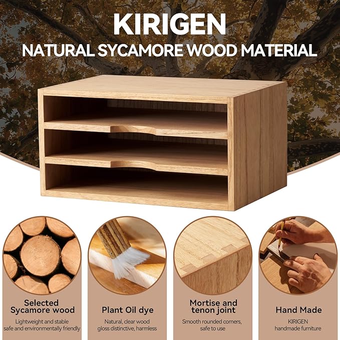 KIRIGEN Wooden Desktop Organizer, 3 Tier Solid Wood Letter Tray and Paper File Sorter for Desk, Freestanding Office Document Holder for Mail, Magazines, Folders, Natural 3KWJG-NA