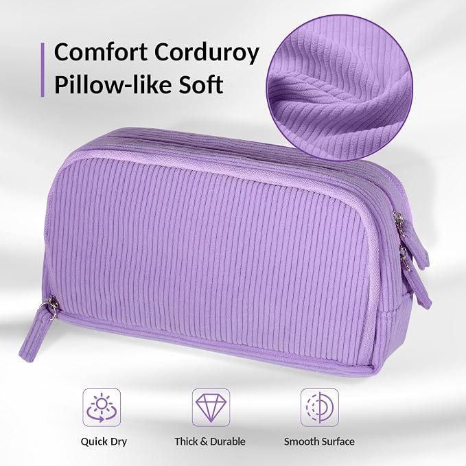 Sooez Big Capacity Pencil Case Pen Pouch, Soft Corduroy Pencil Bag | with 3 Compartment, Multiple Pockets, Sturdy Zipper, Cute School Supplies Pen Bag Organizer For Teen Girls College, Purple