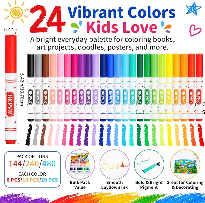 Markers Bulk, 480 Washable Markers for Kids Classroom, 24 Colors