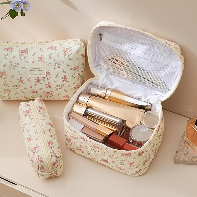 HBselect Quilted Makeup Bag, 3Pcs Cotton Large Travel Makeup Bags Organizer | Cute Floral Make up Bag Cosmetic Bag Toiletry Bag for Women Girls, Makeup Pouch for Skincare, Brushes & Travel Essentials