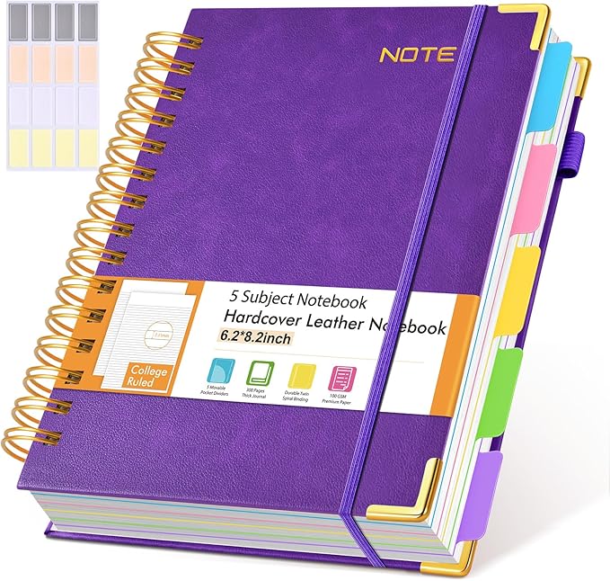 Hardcover Spiral Notebook with Removable Dividers Tabs, 300 pages Leather 5 Subject Notebook College Ruled, 6.2" x 8.2" Journal for Women Men, Small Notebooks for Work School Note taking,A5 Purple