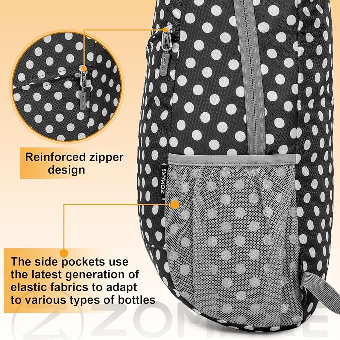 ZOMAKE Lightweight Packable Backpack 20L, Foldable Small Daypack for Hiking | Water Resistant Backpacks Day Bag for Travel Outdoor Camping Sport, Everyday Carry, Multiple Pockets(Black, White Polka Dot)