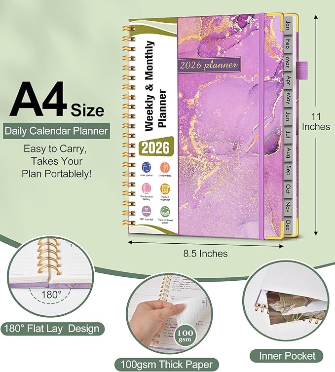2026 Planner, Hardcover Weekly and Monthly Planner, January 2026 - December 2026, Spiral Yearly Agenda Organizer Book 2026 with Tabs, Daily Calendar Planners for School Work Home, A4 (8.5" x 11"), Purple Marble