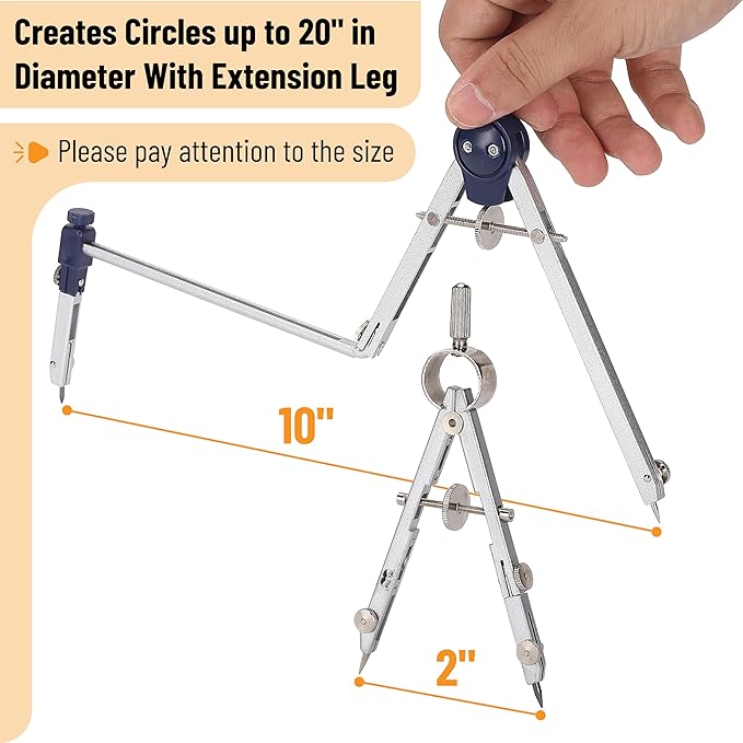 Mr. Pen- Professional Geometry Set, 7 pcs, Metal Compasses with Center Wheel & Extension Leg, Precision Drafting Kit with Storage Box for Geometry, Technical Drawing, Engineering & Architecture