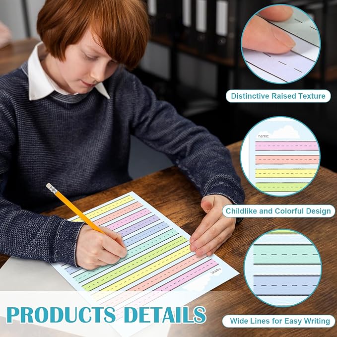50 Sheets Multi-Color Raised Line Paper for Handwriting Practice, Wide Ruled Kindergarten Writing Paper, Double Sided, 8.5x11 inches