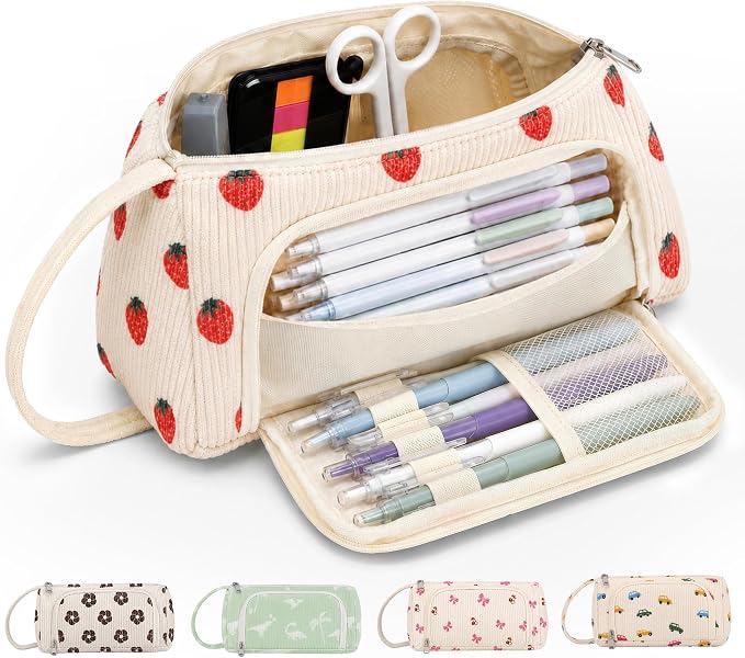 Big Capacity Pencil case,Soft Corduroy Pencil Bag with 3 Compartment Pouch Bag for School Supplies Office for Teen Girls Boys Women Man (Strawberry)