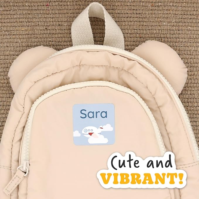 Camp Name Labels for Kids (33) – Custom Waterproof Stickers for Water Bottles, Lunch Boxes, Daycare & School with Unique Designs - Airplane