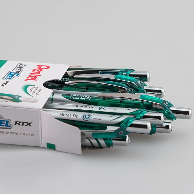 Pentel EnerGel RTX Liquid Gel Ink Pen, (0.7mm), Metal Tip, Green Ink, Box of 12 (BL77-D)