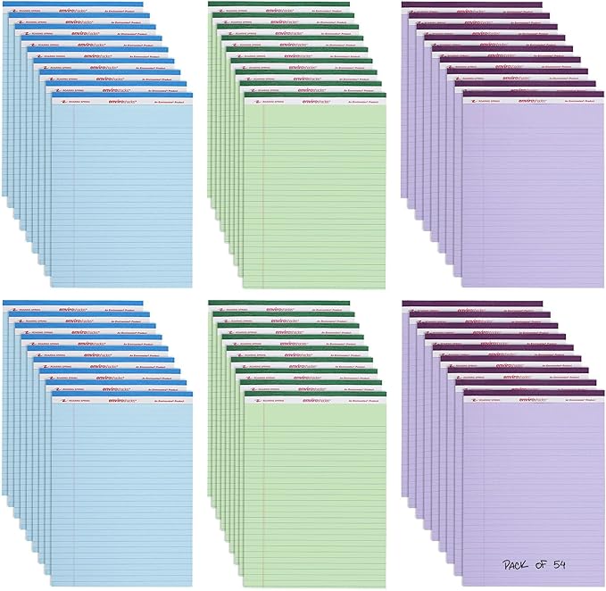 Roaring Spring Enviroshades Assorted Colored Legal Pads, 54 Pack, Legal Ruled Recycled Writing Note Pads, 8.5" x 11", 40 Sheets, Perforated Paper, Made in USA, Memo Pad For School & Office