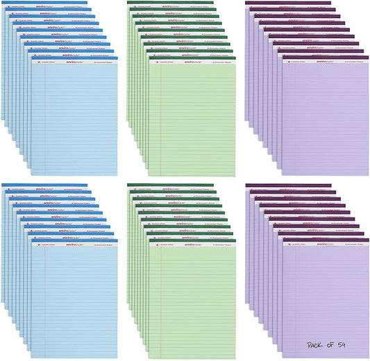 Roaring Spring Enviroshades Assorted Colored Legal Pads, 54 Pack, Legal Ruled Recycled Writing Note Pads, 8.5" x 11", 40 Sheets, Perforated Paper, Made in USA, Memo Pad For School & Office