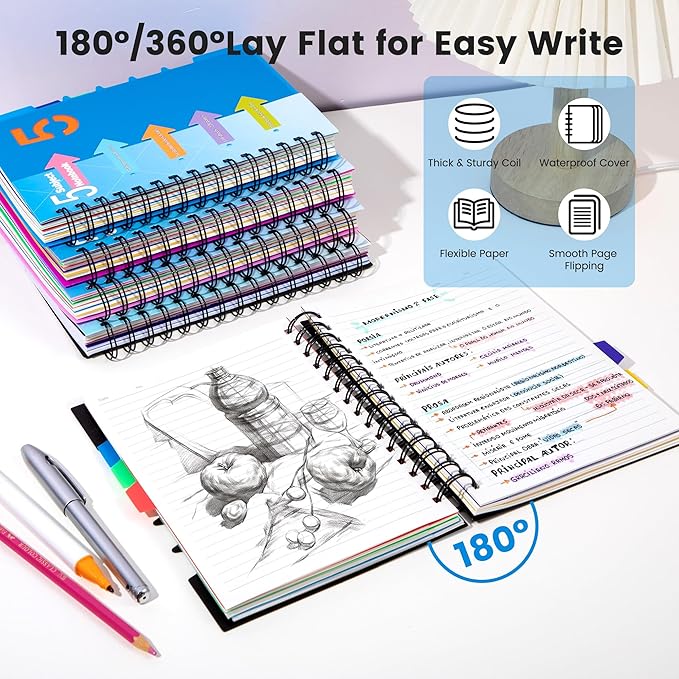 CAGIE 5 Subject Notebook, A5 Small Spiral Notebook with Removable Pocket Dividers Tabs, 240 Pages Spiral Note Book College Ruled for School Work Note taking, 6.1 * 8.27 in, Blue