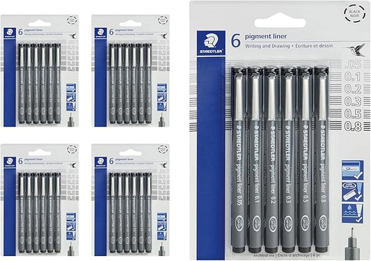 STAEDTLER Pigment Liner 5-Pack (5 sets of 6 pcs), Black, 6 Pens, Assorted Line Widths, 0.05mm, 0.1mm, 0.2mm, 0.3mm, 0.5mm, 0.8mm, 30 Count