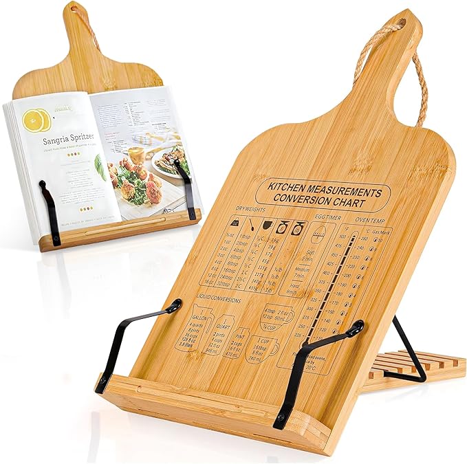 [Upgraded] Adjustable Bamboo Cookbook Stand with 7-Angles, Conversion Chart, Page Grips, Recipe Cookbook Holder for Kitchen Counter, Kitchen Book Stand for Cookbook, Textbook, Tablet, Gift for Women