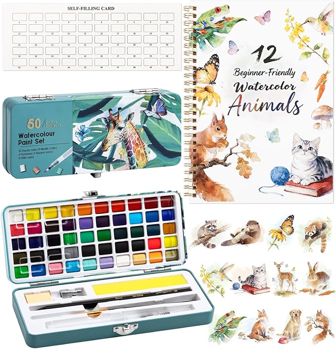 Watercolor Workbook Animals, Water Coloring Book, 12 Different Patterns of Original DIY Designs, 50 Colors Watercolor Paint Set with Palette and Brush, Beginner-Friendly Watercolor Workbooks (Animals)