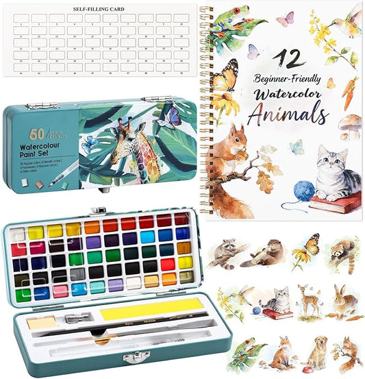 Watercolor Workbook Animals, Water Coloring Book, 12 Different Patterns of Original DIY Designs, 50 Colors Watercolor Paint Set with Palette and Brush, Beginner-Friendly Watercolor Workbooks (Animals)