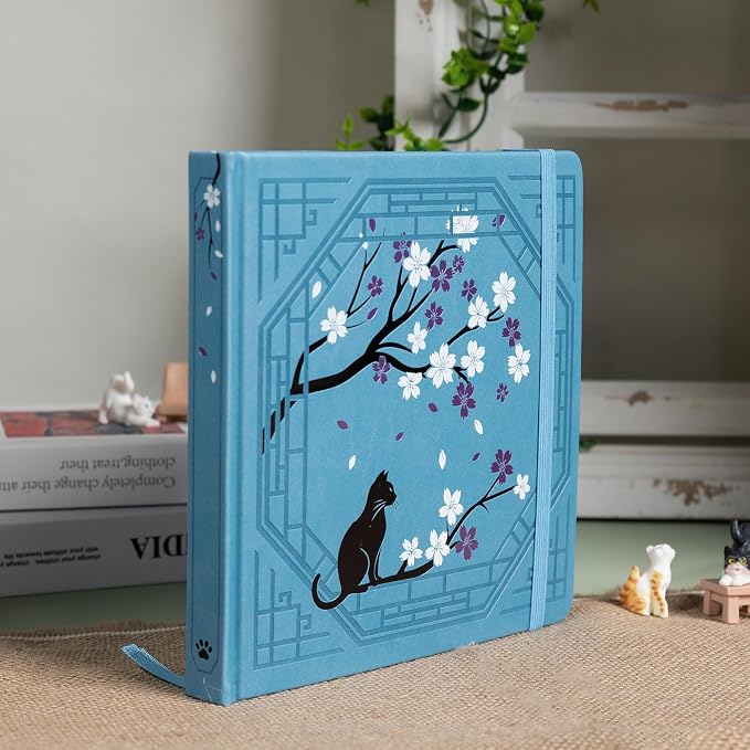 TIEFOSSI Square Dotted Journal, Cute Cat Journal for Women Girls, Dot Notebook with Pretty Sakura Pattern, Aesthetic Diary for Writing Journaling Drawing, Golden Edges, 8 x 8 IN