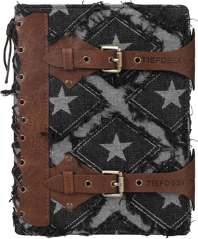 TIEFOSSI Denim Journal for Women Men, Vintage PU Leather Journals, College Ruled Notebook with 6 Ring Binder, Refillable Notebooks with Pockets for School Travel Sketch 7 x 9.2 in