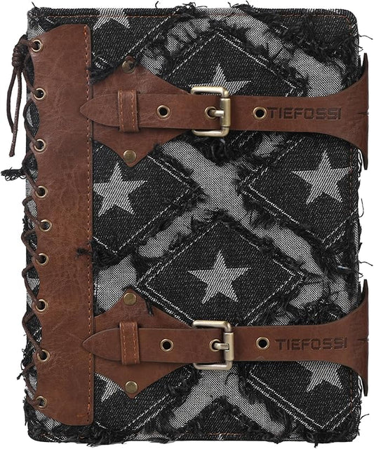 TIEFOSSI Denim Journal for Women Men, Vintage PU Leather Journals, College Ruled Notebook with 6 Ring Binder, Refillable Notebooks with Pockets for School Travel Sketch 7 x 9.2 in