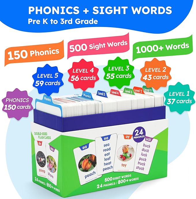 BenBen Sight Words & Phonics Flash Cards, 500 Sight Words & 24 Phonics, 800+ Words, Learn to Read Dolch & Fry High Frequency Site Words for Pre-k Kindergarten 1st 2nd 3rd Grade Kids Ages 3-9