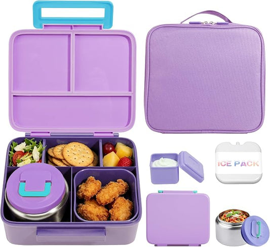 Bento Lunch Box for Kids with 8oz Soup Thermo Leak-Proof Lunch Food Containers with Snack Sauce Container for Kid Girls Boys to School,Purple Bag