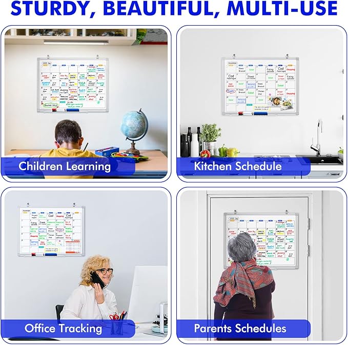 Dry Erase Calendar Whiteboard for Wall, 36" x 24" Magnetic Monthly White Board Calendar Dry Erase, Wall Hanging Aluminum Frame with Tray for Home, School, Office (Silver Frame)