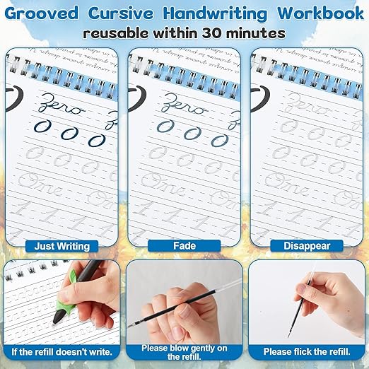 gisgfim 4 Pack Grooved Cursive Handwriting Workbook Kit Magic Reusable Grooved Handwriting Practice with Disappearing Ink Pens Cursive Workbook for Kids Number Poems Jokes & Riddles Inspiring Quotes